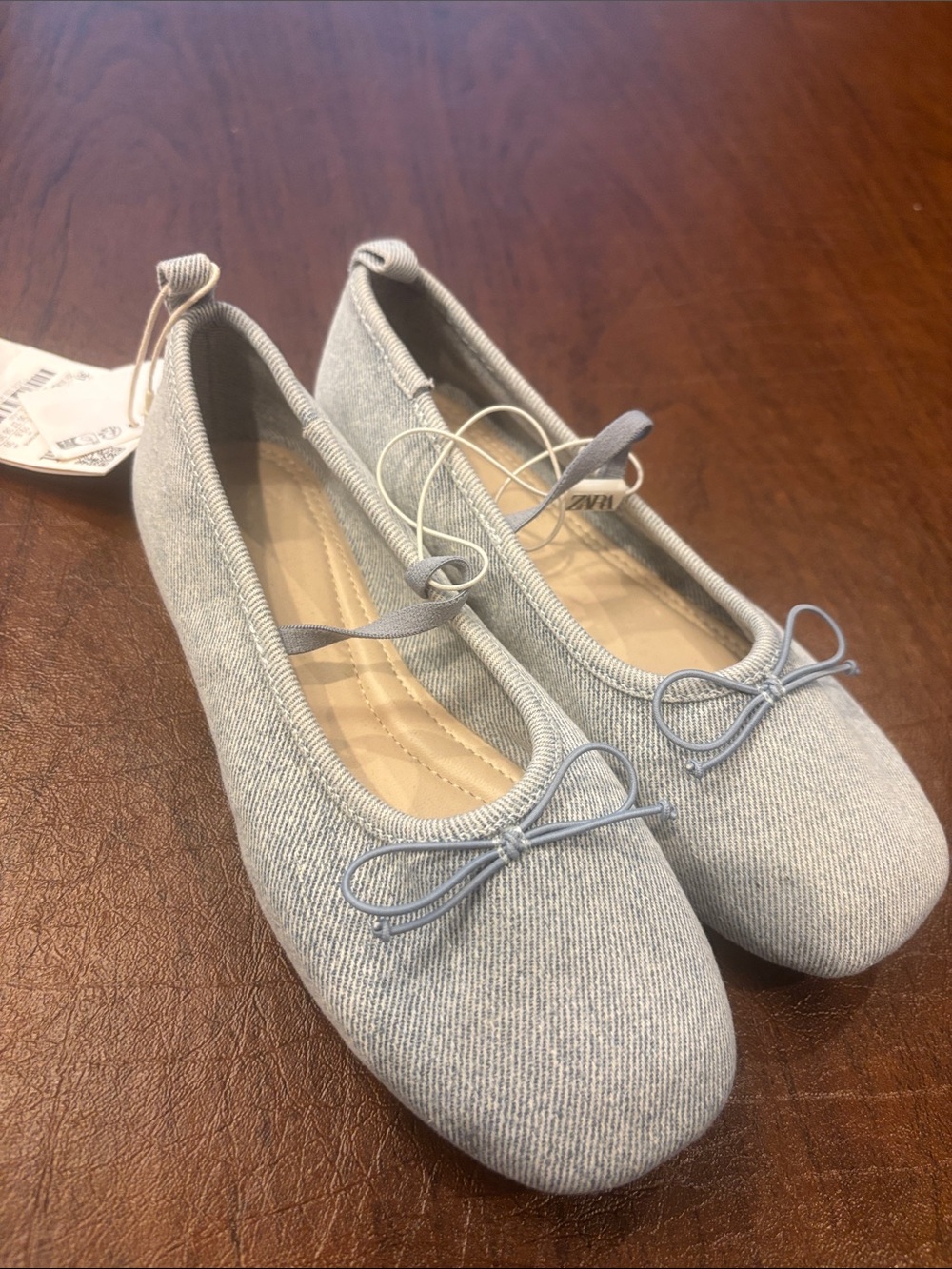 Brand new with tags Zara Light Denim Ballet Flats with Bow girls size 13.5